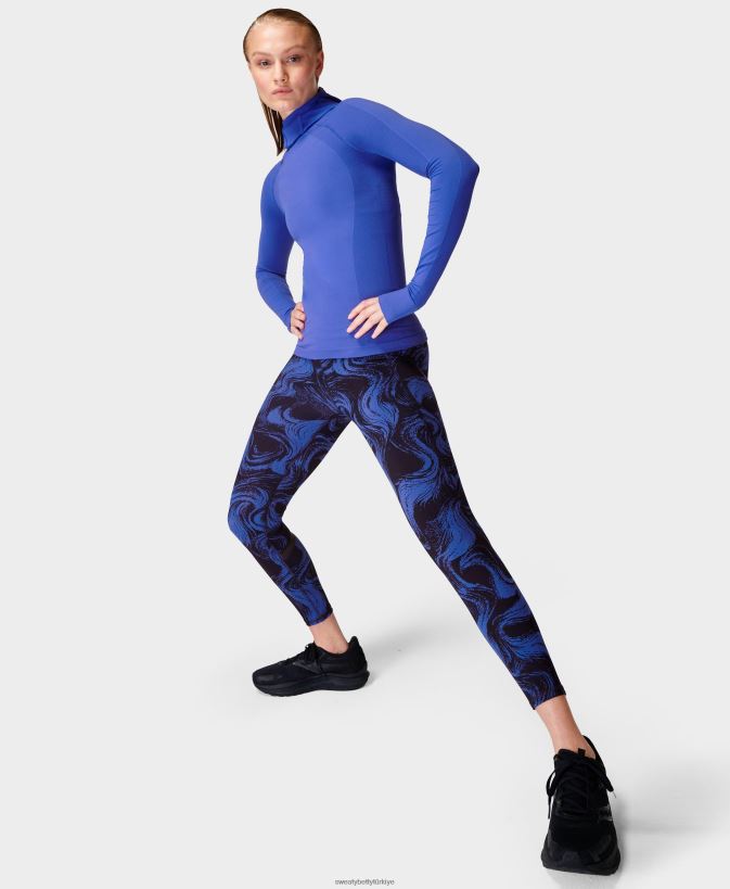 mavi dalgalanma baskısı Sweaty Betty kadınlar sıfır yerçekimi yüksek belli 7/8 koşu taytı 0Z88N8992