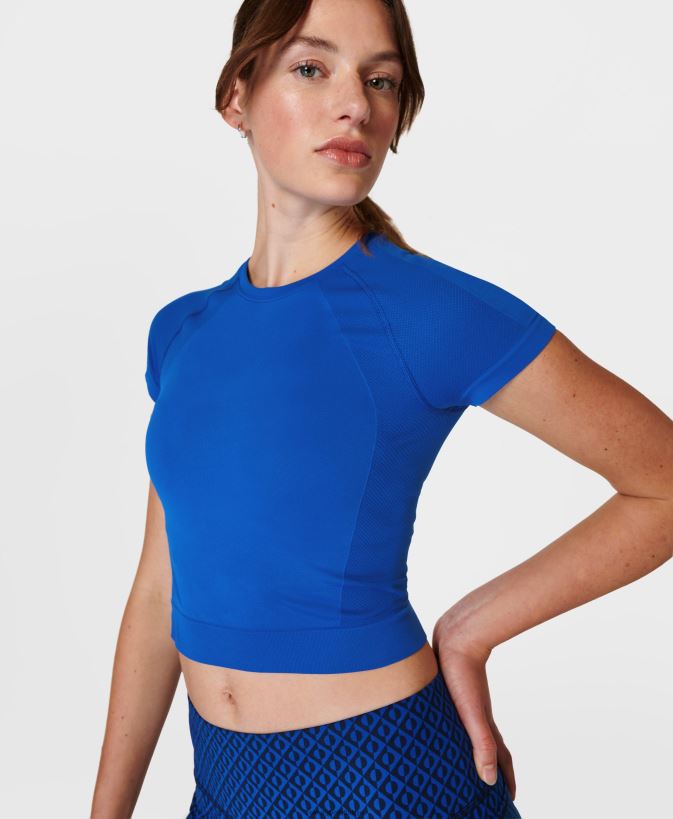 şimşek mavisi Sweaty Betty kadınlar atlet kırpma dikişsiz egzersiz tişörtü 0Z88N8289